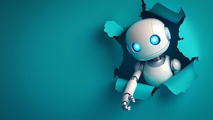 Cute white humanoid robot with glowing blue eyes breaks through a vibrant teal wall, reaching out