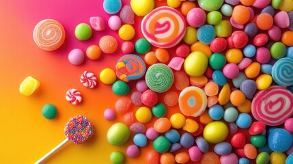 Fototapeta premium Candy assortment with vivid hues spread over a dynamic multicolored background, conveying joy and indulgence