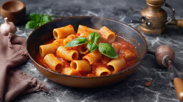 Freshly cooked rigatoni pasta is nestled in a savory tomato basil sauce, presented beautifully in a gleaming copper pan, ready to delight your taste buds