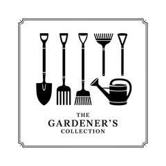 Gardening Tools: A minimalistic, monochrome depiction of various essential gardening implements, presented as a concise symbol of horticulture.
