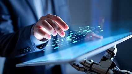 A human hand and a futuristic robotic hand interact with a glowing holographic network on a transparent tablet.