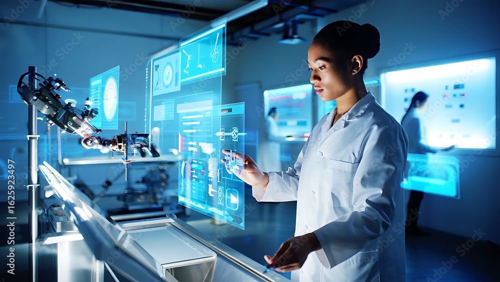 Poster female scientist interacting with holographic interfaces and a robotic arm in a modern lab