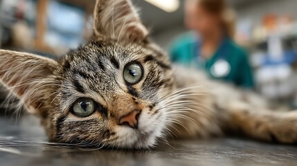 Close up portrait of a scruffy tabby kitten with wide expressive green eyes lying down