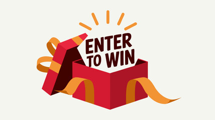Bright red gift box with Enter to Win text and golden ribbons against a light background