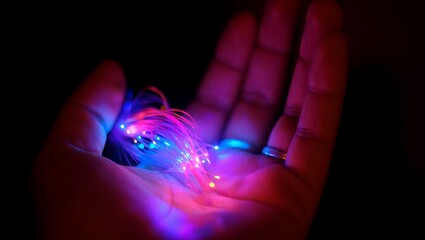 Human hand holding a cluster of glowing fiber optic strands against a dark background