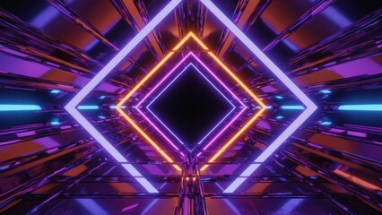 Glowing neon diamond tunnel in futuristic colors of purple, orange, and blue with perfect symmetry and perspective, ideal for sci-fi backgrounds, virtual environments, and tech-inspired visuals.