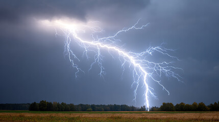 A dramatic lightning strike illuminates a stormy sky over a serene landscape, showcasing the power of nature.
