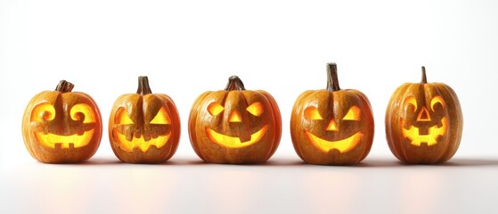 The collection of creatively carved pumpkins glowing in the dark.