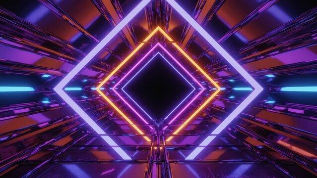 Glowing neon diamond tunnel in futuristic colors of purple, orange, and blue with perfect symmetry and perspective, ideal for sci-fi backgrounds, virtual environments, and tech-inspired visuals.