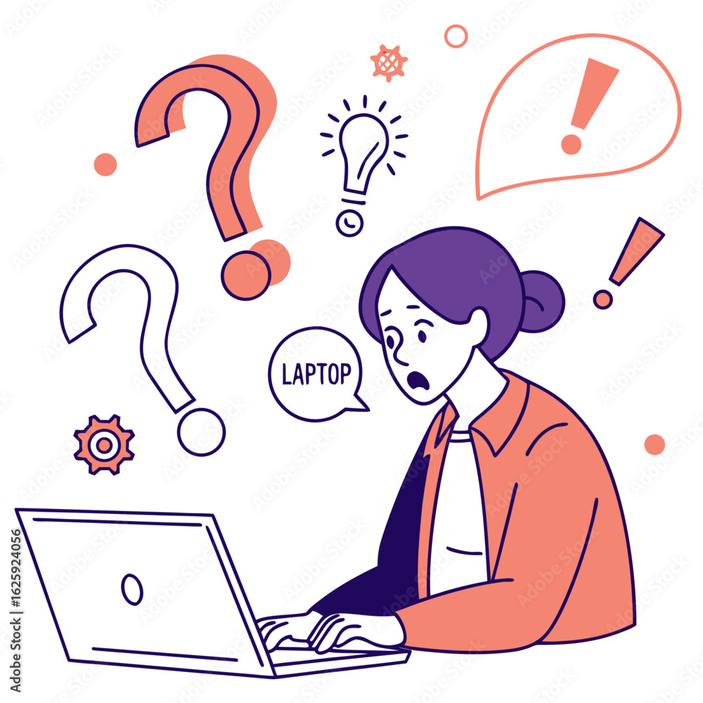 Poster confused person with laptop and question marks isolated on transparent background