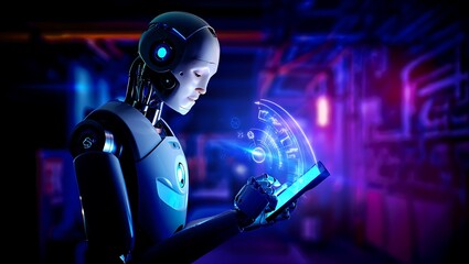 Sleek humanoid robot interacting with a glowing holographic tablet interface in a dark futuristic data processing environment.