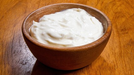 Fototapeta premium A Wooden Bowl Filled with White Cream on the Table – Rustic Vessel Holding Smooth Dairy, Warm Texture Contrasting with Creamy Whiteness