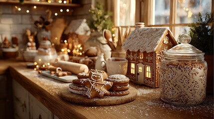 Cozy christmas kitchen scene with gingerbread house and festive treats illuminated by warm lights