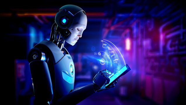 Sleek humanoid robot interacting with a glowing holographic tablet interface in a dark futuristic data processing environment.