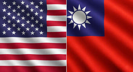 USA and Taiwan Flags with Realistic Fabric Texture and Dramatic Lighting Reflecting Global Chip Industry and Political Tension JPG