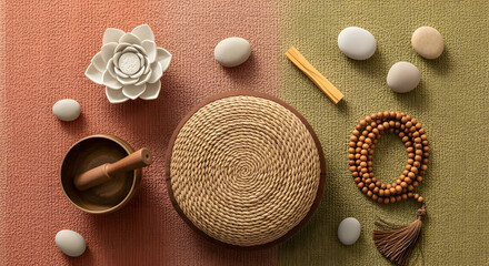 Fototapeta premium Arrangement of Meditation and Spiritual Objects, Promoting Serenity and Inner Peace through