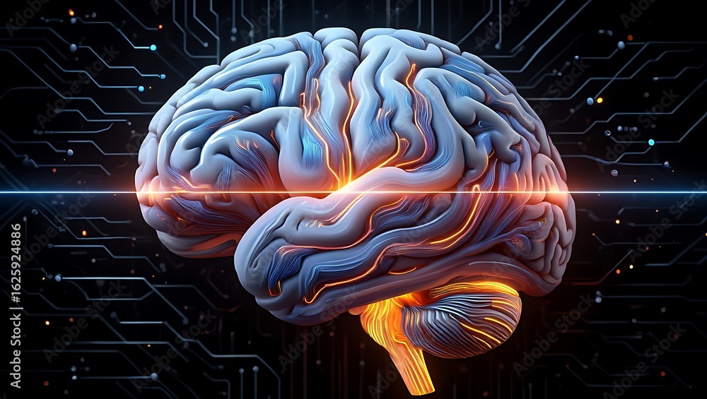 Poster intricately detailed 3d render of a human brain with glowing orange neural pathways on a dark circui