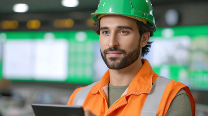 A male worker in a green helmet and orange vest holds a tablet, showcasing professionalism and readiness in an industrial setting.