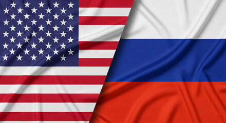 Fototapeta premium USA and Russia Flags Split Screen with Full Stars and Fabric Texture, High Detail and Dramatic Lighting Representing Global Conflict - JPG