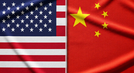 Fototapeta premium USA and China Flags in High-Detail Fabric with Dramatic Lighting Symbolizing Trade Tension and Global Power Struggle Concept JPG