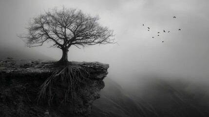 Lonely Tree on Cliff in Dramatic Black and White Landscape