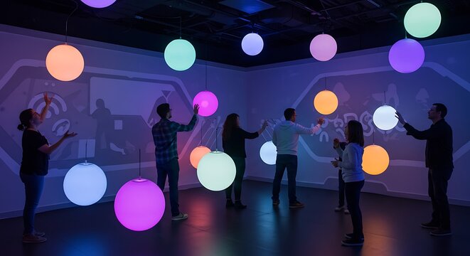 People interact with colorful illuminated spheres in a modern exhibition
