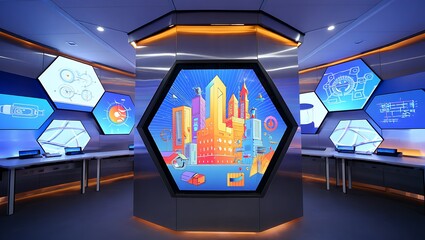 Fototapeta premium Futuristic command center with a large hexagonal screen displaying a vibrant abstract city surrounded by data visualizations.