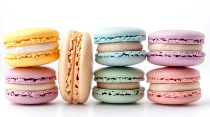 Fototapeta premium Close-up of pastel-colored macarons stacked in a row, isolated on white, showing the smooth shells and creamy fillings