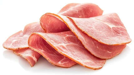 Close-up of tender boiled ham slices isolated on white, showcasing delicate marbling and moist surface for deli or food ads