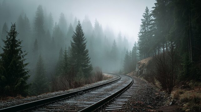 moody railroad tracks curving through dense foggy forest, misty morning light, cinematic atmosphere, hauntingly beautiful landscape, pine trees fading into fog