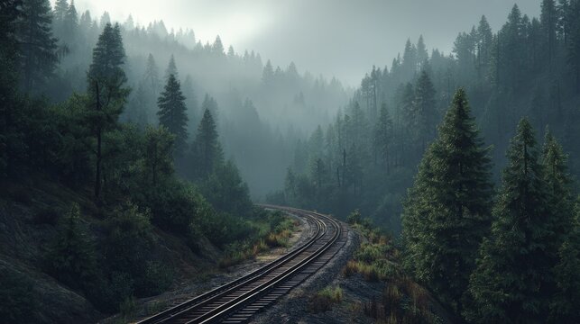 Mysterious Mountain Railway Surrounded by Dense Fog