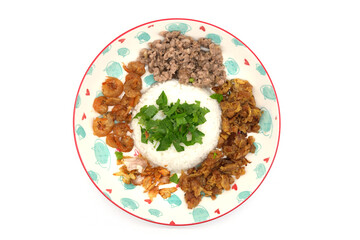 Dry rice porridge menu with toppings, consisting of stir-fried minced turnip with eggs, fried garlic, fried dried shrimp, and stir-fried seasoned minced pork.