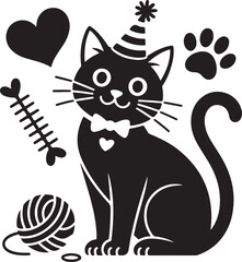 Vector illustration: Cute black cat wearing a party hat, with paw print, heart, and yarn ball icons; playful pet symbol, sign.