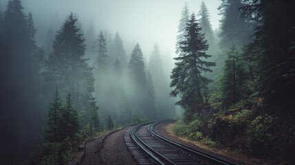 Foggy Forest Railway Track in Moody Mountain Landscape