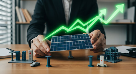 Businessperson showcasing investment in renewable energy, holding a solar panel model with a green arrow graph symbolizing growth and profit.