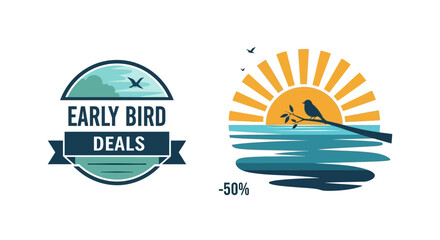 Early bird sale vector illustration emblems. Promotional logos for travel and vacation discounts with sunrise over the ocean.