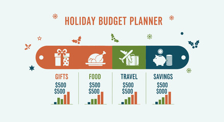Holiday budget planner infographic with icons for gifts, food, travel, and savings. Financial planning concept for seasonal expenses.