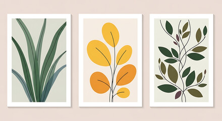 Three Abstract Botanical Prints Green Yellow Olive Leaves