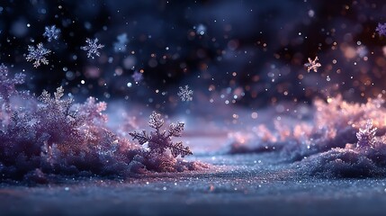 Enchanting winter wonderland with softly falling snowflakes and glowing lights illuminating a frosted landscape