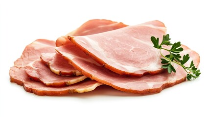 Obraz premium Cooked boiled ham slices isolated on white with soft shadows, highlighting texture and freshness for culinary or packaging use