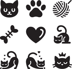 international cat day Cute Cat Vector Icons: Paw Print, Yarn Ball, Bone, Heart, Sign Symbols, Black Silhouette, Pet Shop Design Elements