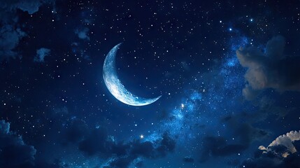 Fototapeta premium Crescent moon hanging low in a deep indigo sky filled with shining stars, evoking a peaceful and magical nighttime mood