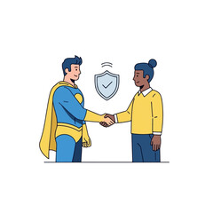 A superhero shaking hands with a person, symbolizing protection and agreement.