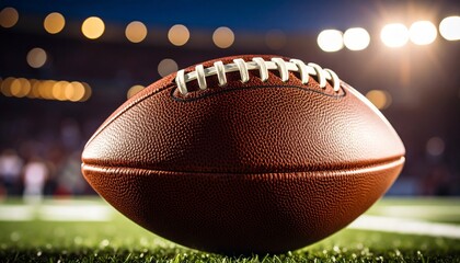 lose-up of brown leather American football resting on vibrant green turf. White laces and textured panels clearly visible