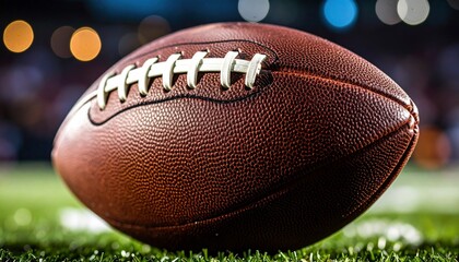 lose-up of brown leather American football resting on vibrant green turf. White laces and textured panels clearly visible