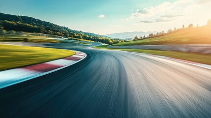 Curved racing circuit with motion blur on both track and background, capturing the essence of high-speed drifting action