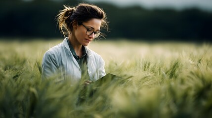 Scientist examining crop growth in a lush agricultural field