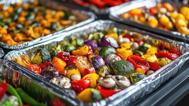 Disposable foil trays filled with colorful roasted vegetables and proteins, ready for delivery or buffet service