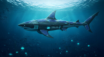 Fototapeta premium shark, solar, energy, underwater, ocean, sea, future, technology, futuristic, innovation, marine, animal, science, power, environment, ecological, conservation, renewable, clean, electric, jellyfish, 