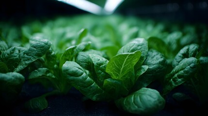 Hydroponic farm growing leafy greens with vertical lighting